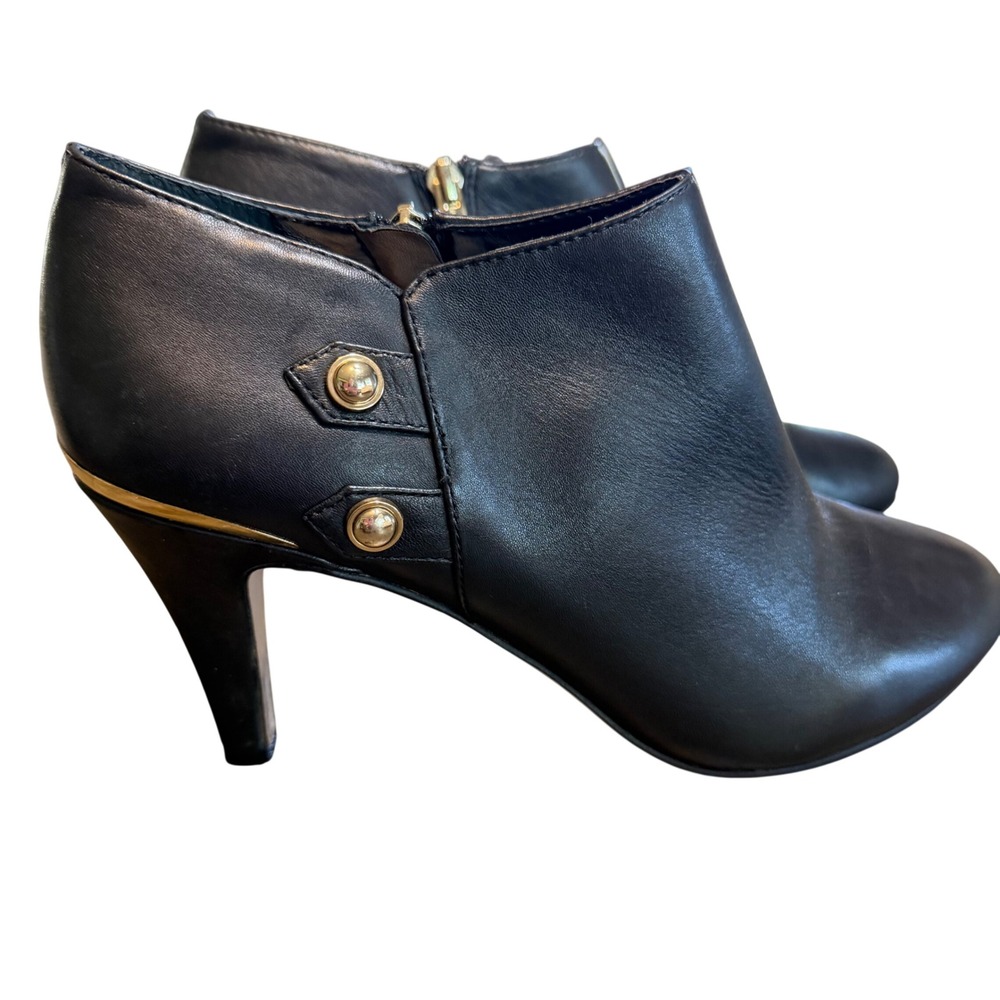 Vince Camuto Black Leather Ankle Booties Gold Trim Stiletto Heel Womens 10M 42